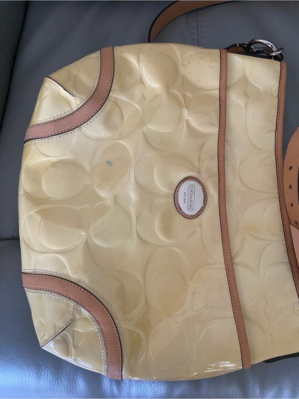 Project Bag Coach Light Yellow Patent Leather Shoulder Bag with Tan Trim